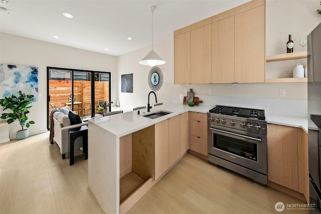 8733 13th Ave NW Unit A, Seattle, WA 98117 - kitchen featuring high end stainless steel range, light wood finished floors, a peninsula, light brown cabinets, and light countertops
