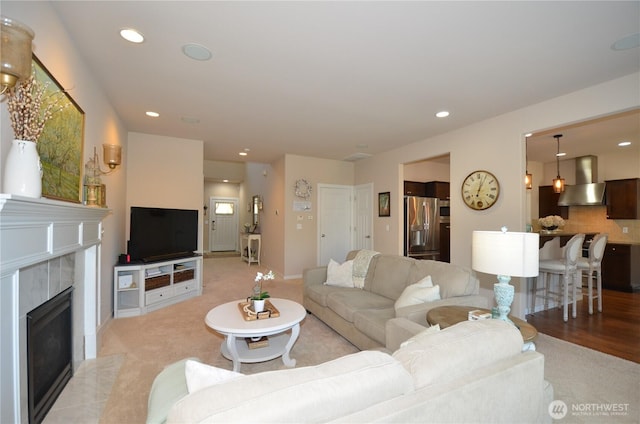 27719 NE 146th Way, Duvall, WA 98019 - living area featuring recessed lighting, a tile fireplace, and light carpet