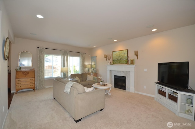 27719 NE 146th Way, Duvall, WA 98019 - living room featuring light colored carpet, a tile fireplace, and recessed lighting