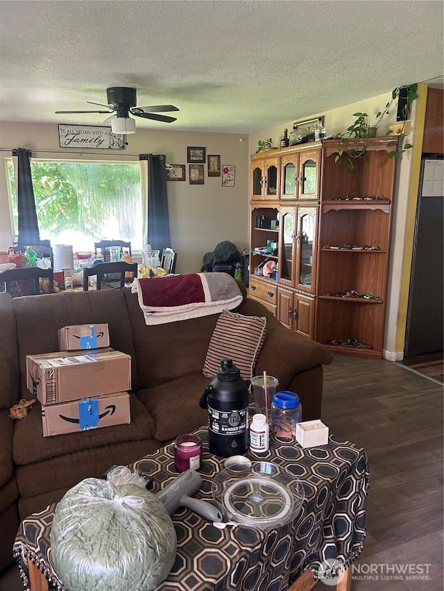 517 Juniper, Oroville, WA 98844 - living area featuring a textured ceiling, a ceiling fan, and wood finished floors