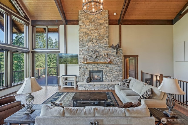 239 Foxridge Ln, Leavenworth, WA 98826 - living area featuring high vaulted ceiling, healthy amount of natural light, a wood ceiling with exposed beams, wood finished floors, and a fireplace