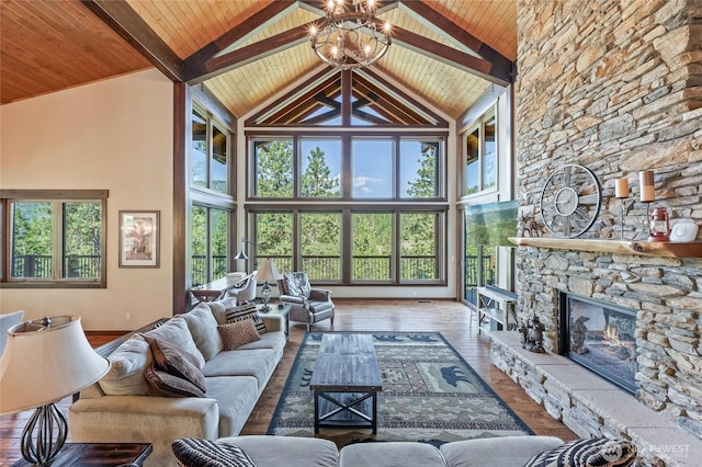 239 Foxridge Ln, Leavenworth, WA 98826 - living room featuring high vaulted ceiling, a wooden ceiling with exposed beams, a fireplace, hardwood / wood-style flooring, and a chandelier
