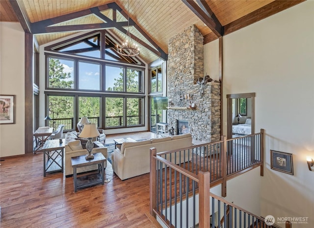 239 Foxridge Ln, Leavenworth, WA 98826 - living area with high vaulted ceiling, a wooden ceiling with exposed beams, a chandelier, a fireplace, and wood finished floors