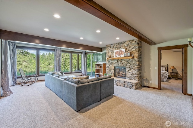239 Foxridge Ln, Leavenworth, WA 98826 - living area featuring light carpet, recessed lighting, plenty of natural light, a fireplace, and beam ceiling