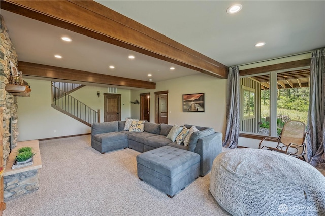 239 Foxridge Ln, Leavenworth, WA 98826 - carpeted living room featuring recessed lighting, beamed ceiling, and stairway