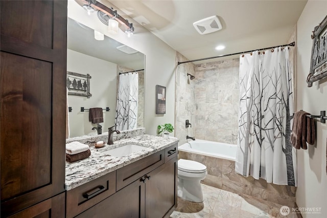 239 Foxridge Ln, Leavenworth, WA 98826 - full bath featuring tiled shower / bath combo, vanity, and marble finish floors