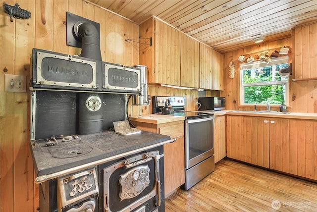 13990 Brae Burn Rd, Leavenworth, WA 98826 - kitchen with stainless steel appliances, wood ceiling, light countertops, light wood finished floors, and wood walls
