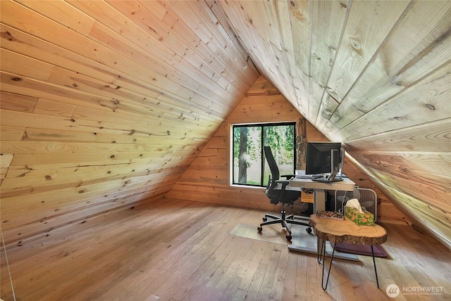13990 Brae Burn Rd, Leavenworth, WA 98826 - office space featuring wooden ceiling, wood-type flooring, wood walls, and vaulted ceiling