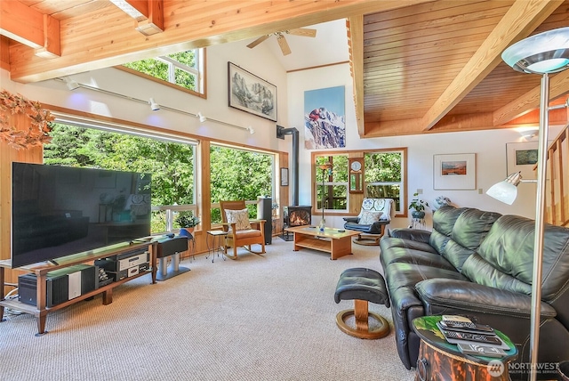 2115 Chiwawa Ct, Leavenworth, WA 98826 - living area featuring carpet, wood ceiling, plenty of natural light, and ceiling fan