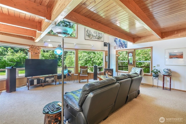 2115 Chiwawa Ct, Leavenworth, WA 98826 - living room with carpet flooring, a wood stove, and a wooden ceiling with exposed beams