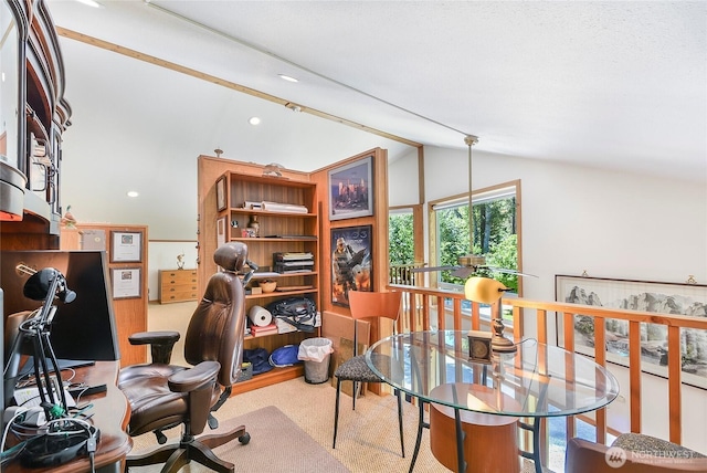 2115 Chiwawa Ct, Leavenworth, WA 98826 - carpeted home office featuring lofted ceiling and recessed lighting