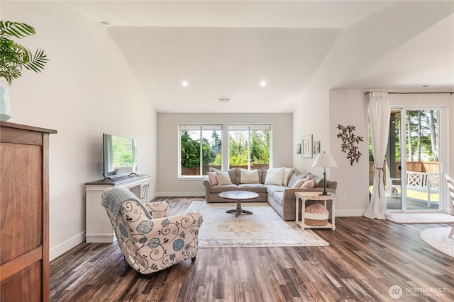 10 Coyote Rd, Montesano, WA 98563 - living room with vaulted ceiling, wood finished floors, and recessed lighting
