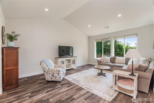 10 Coyote Rd, Montesano, WA 98563 - living room featuring dark wood-type flooring, recessed lighting, and high vaulted ceiling