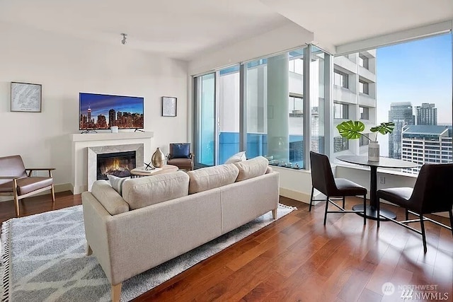 737 Olive Way Unit 3110, Seattle, WA 98101 - living room with a high end fireplace, wood finished floors, and a city view