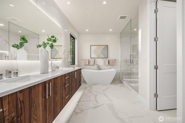 4719 86th Ave SE, Mercer Island, WA 98040 - full bathroom featuring double vanity, a soaking tub, marble tiled floors, a marble finish shower, and recessed lighting