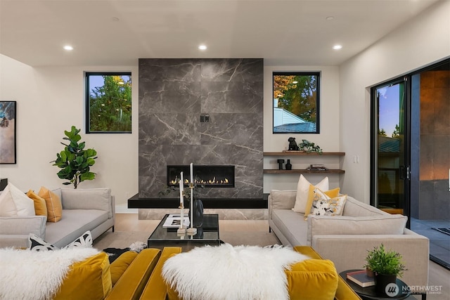 4719 86th Ave SE, Mercer Island, WA 98040 - living area featuring a fireplace, recessed lighting, and plenty of natural light