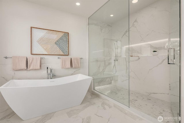 4719 86th Ave SE, Mercer Island, WA 98040 - bathroom featuring a freestanding tub, a marble finish shower, recessed lighting, and marble finish flooring