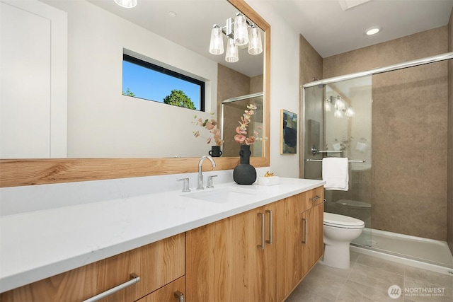 4719 86th Ave SE, Mercer Island, WA 98040 - bathroom featuring tile patterned floors, vanity, a stall shower, and recessed lighting