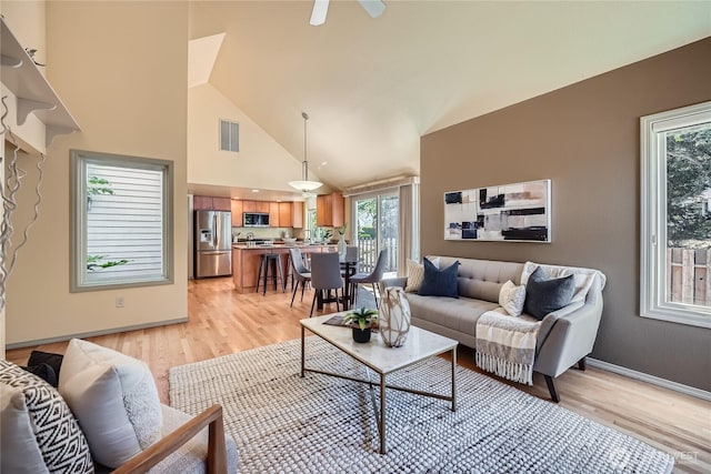 31451 48th Pl SW, Federal Way, WA 98023 - living room featuring light wood finished floors, high vaulted ceiling, and ceiling fan