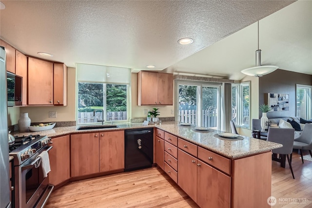 31451 48th Pl SW, Federal Way, WA 98023 - kitchen featuring appliances with stainless steel finishes, a peninsula, light wood-style floors, a textured ceiling, and healthy amount of natural light