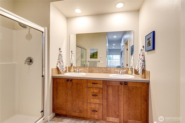31 Nimbus Ln, Sequim, WA 98382 - bathroom featuring a stall shower and double vanity