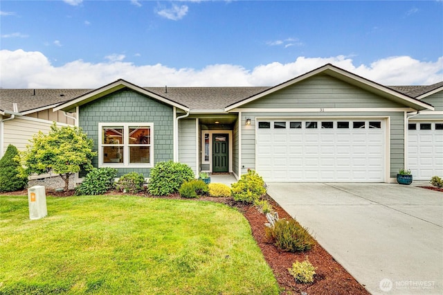 31 Nimbus Ln, Sequim, WA 98382 - ranch-style house featuring a garage, concrete driveway, a front yard, and a shingled roof