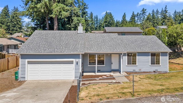 2528 S 363rd St, Federal Way, WA 98003 - single story home with an attached garage, driveway, a chimney, roof with shingles, and covered porch