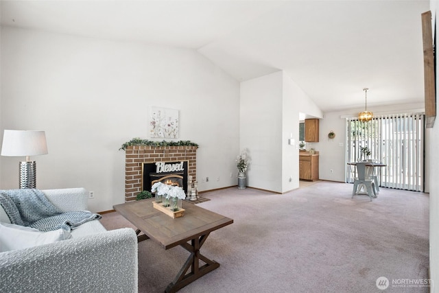 2528 S 363rd St, Federal Way, WA 98003 - living room with lofted ceiling, light carpet, a fireplace, and a chandelier
