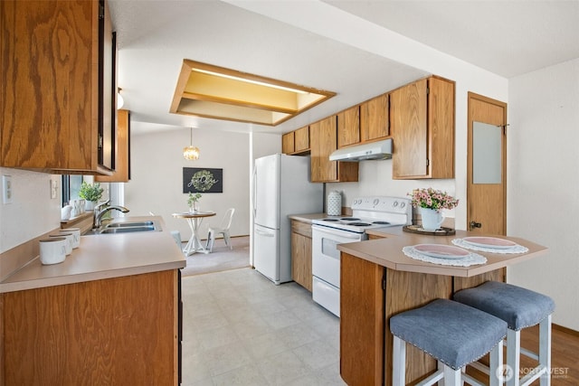 2528 S 363rd St, Federal Way, WA 98003 - kitchen featuring white appliances, under cabinet range hood, a peninsula, light floors, and light countertops