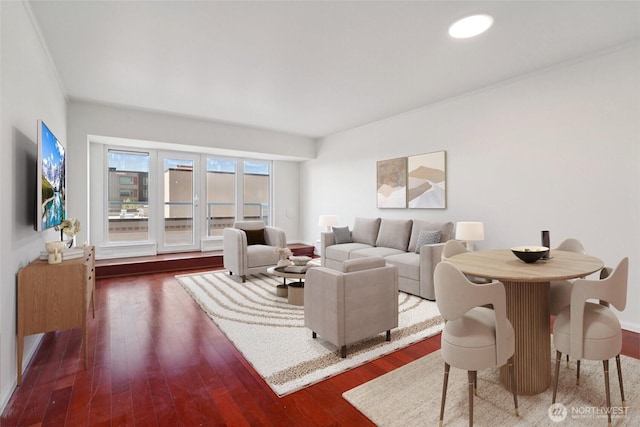 121 Vine St Unit 402, Seattle, WA 98121 - living area with dark wood-type flooring, recessed lighting, and ornamental molding