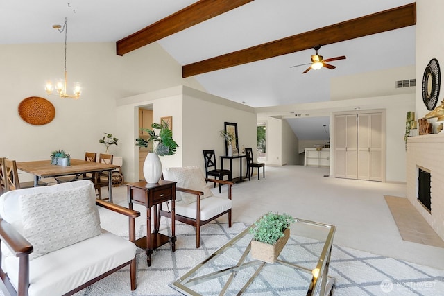 1541 NE 143rd St Unit H5, Seattle, WA 98125 - living area with light colored carpet, a ceiling fan, a brick fireplace, and a chandelier