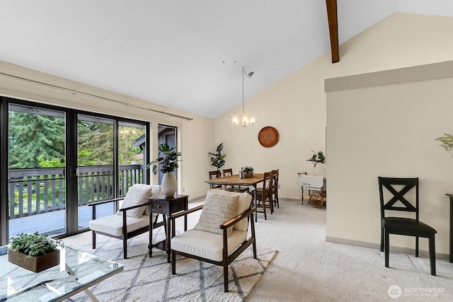 1541 NE 143rd St Unit H5, Seattle, WA 98125 - living area featuring high vaulted ceiling, a chandelier, light carpet, and beamed ceiling