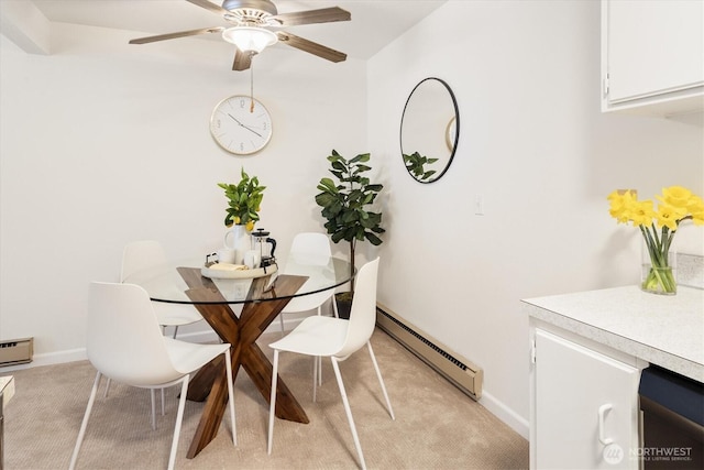 19411 56th Ave W Unit 321, Lynnwood, WA 98036 - dining space with a baseboard radiator, light carpet, a ceiling fan, and baseboard heating