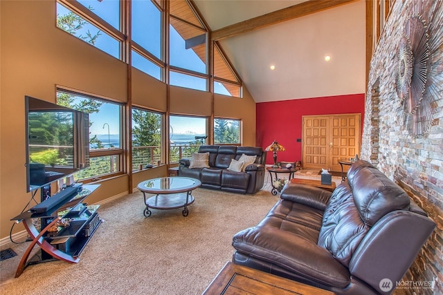 1669 Day Lake Rd, Orcas Island, WA 98245 - carpeted living area with high vaulted ceiling, beam ceiling, and recessed lighting