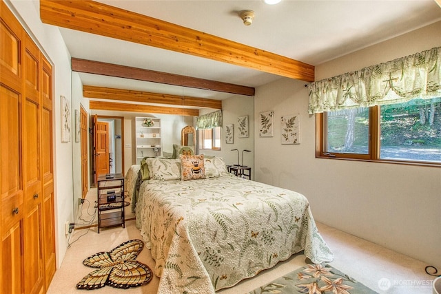 1669 Day Lake Rd, Orcas Island, WA 98245 - bedroom featuring light colored carpet, beam ceiling, and a closet