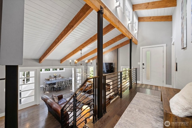 13 Westbrook Ct, Bellingham, WA 98229 - living area featuring a chandelier, wood finished floors, and wooden ceiling