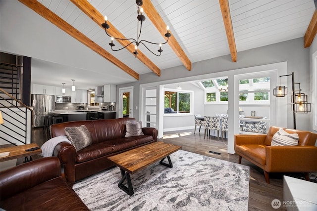 13 Westbrook Ct, Bellingham, WA 98229 - living area with stairs, a chandelier, dark wood-style floors, and healthy amount of natural light