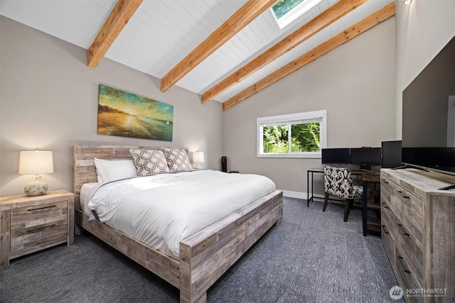 13 Westbrook Ct, Bellingham, WA 98229 - bedroom featuring dark colored carpet, beamed ceiling, high vaulted ceiling, and a skylight