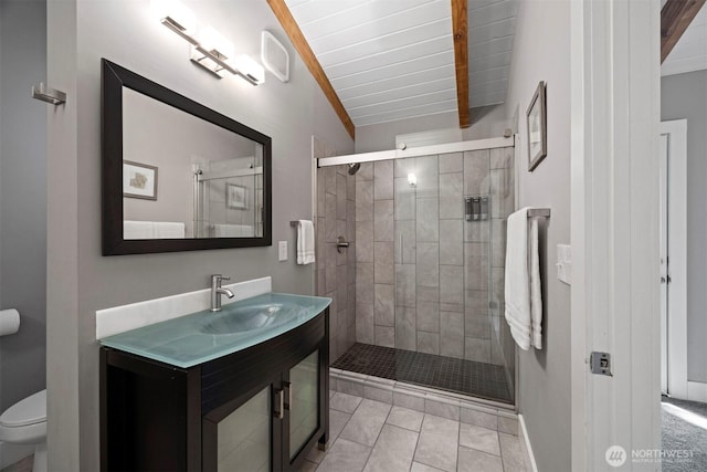 13 Westbrook Ct, Bellingham, WA 98229 - bathroom with a shower stall, tile patterned floors, wooden ceiling, and vanity