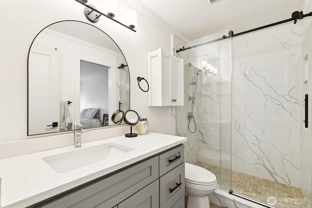 13216 NE 138th Pl, Kirkland, WA 98034 - full bath with ensuite bath, a marble finish shower, vanity, and crown molding