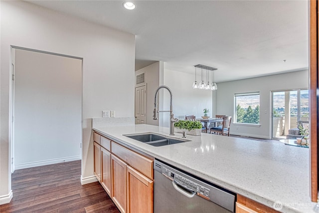 1601 Maiden Ln Unit A102, Wenatchee, WA 98801 - kitchen with stainless steel dishwasher, dark wood-type flooring, recessed lighting, pendant lighting, and a peninsula