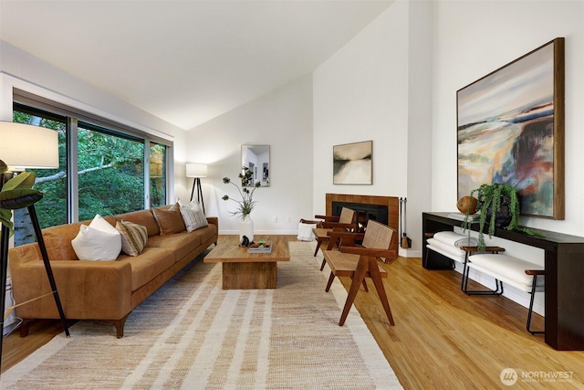 8941 Ravenna Ave NE, Seattle, WA 98115 - living area featuring a tile fireplace, light wood finished floors, and high vaulted ceiling