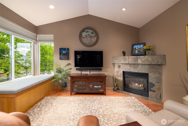 3205 Shelly Hill Rd, Mount Vernon, WA 98274 - living room with lofted ceiling, wood finished floors, a fireplace, and recessed lighting