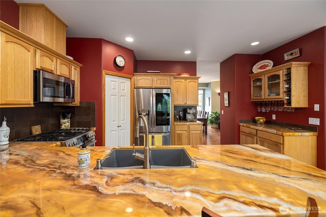 3205 Shelly Hill Rd, Mount Vernon, WA 98274 - kitchen featuring appliances with stainless steel finishes, backsplash, glass insert cabinets, recessed lighting, and butcher block counters