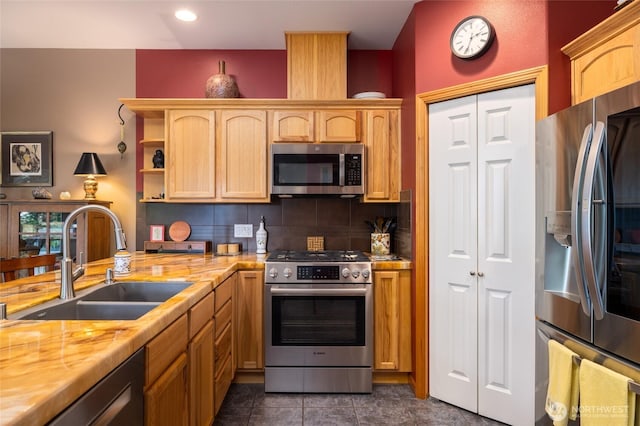 3205 Shelly Hill Rd, Mount Vernon, WA 98274 - kitchen with appliances with stainless steel finishes, decorative backsplash, open shelves, recessed lighting, and dark tile patterned flooring