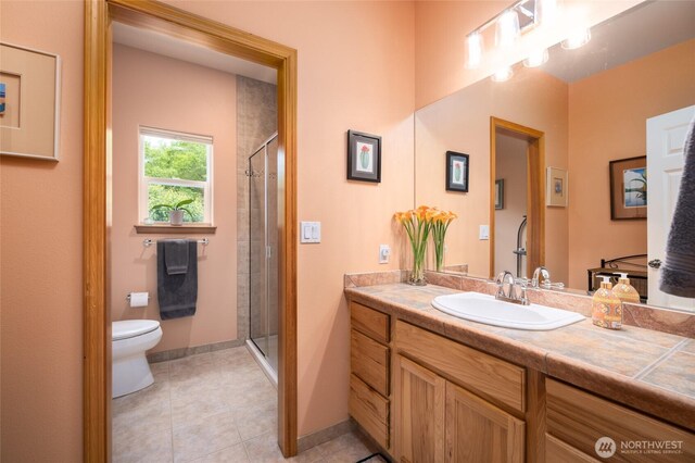 3205 Shelly Hill Rd, Mount Vernon, WA 98274 - full bathroom featuring vanity, a shower stall, and tile patterned flooring