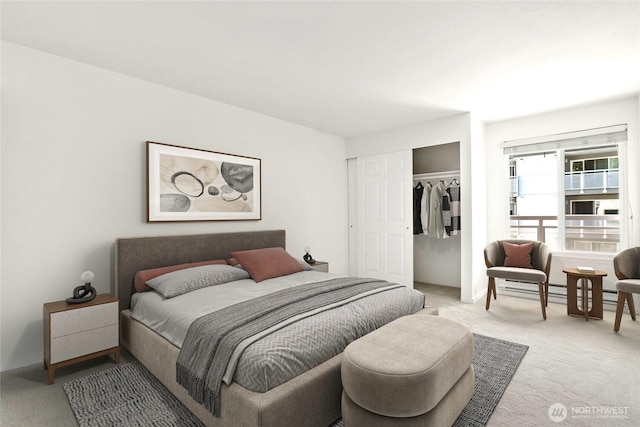 10501 8th Ave NE Unit 334, Seattle, WA 98125 - bedroom featuring light colored carpet, a closet, and a baseboard radiator