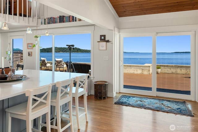 10843 Point Vashon Dr SW, Vashon, WA 98070 - dining space featuring wood finished floors, a water view, vaulted ceiling, and wood ceiling