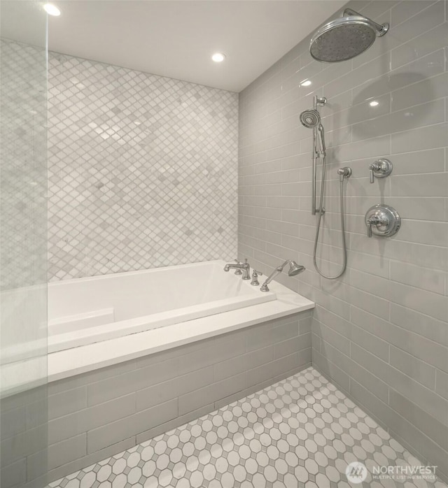 10843 Point Vashon Dr SW, Vashon, WA 98070 - full bathroom featuring tiled shower, a garden tub, tile walls, and recessed lighting
