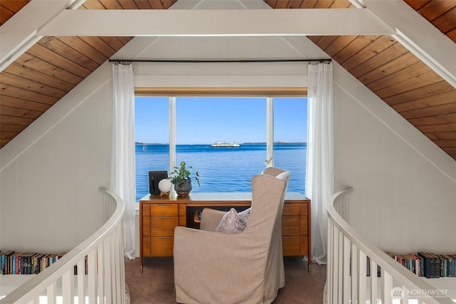 10843 Point Vashon Dr SW, Vashon, WA 98070 - bedroom featuring a water view, carpet flooring, vaulted ceiling, wooden ceiling, and multiple windows